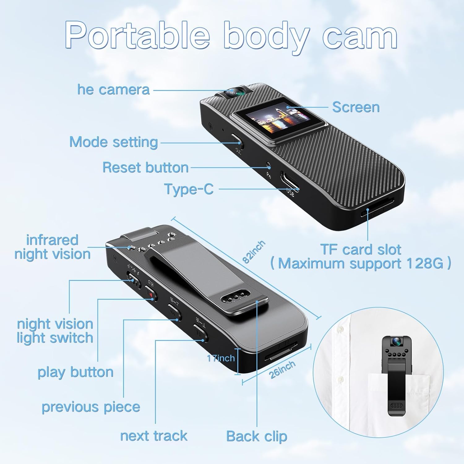 Mini Body Camera HD 1080P Wearable Video Recorder, Small Security Camera with 32GB SD Card Night Vision 1.3 Inch Display 180° Rotatable Lens, Portable Body Cam for Law Enforcement/Sports/Delivery