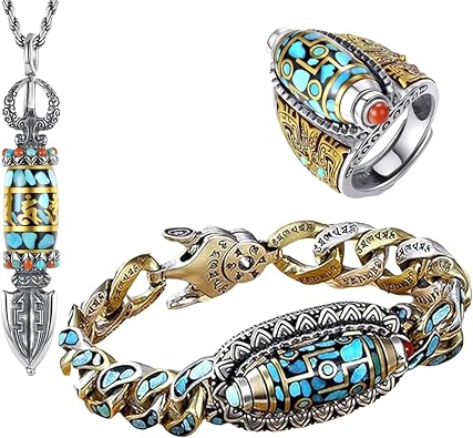 3PS Turquoise Six-Character Mantra Nine-Eyed Dzi Bead Bracelet, Ring, Necklace, Six-Character Mantra Bead Bracelet Tibetan Feng Shui Bracelet For Men&Women