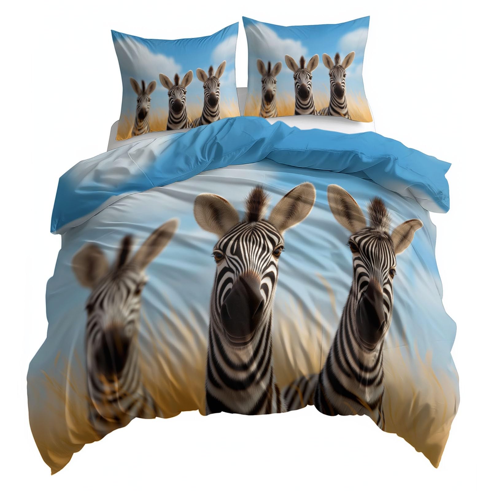 Generisch Niebieska pościel z kreskówki, zebra, poszewka na kołdrę z nadrukiem, 220 x 240 cm, łatwa w pielęgnacji, 3-częściowa, szczotkowana mikrofibra, zamek błyskawiczny na wszystkie pory roku