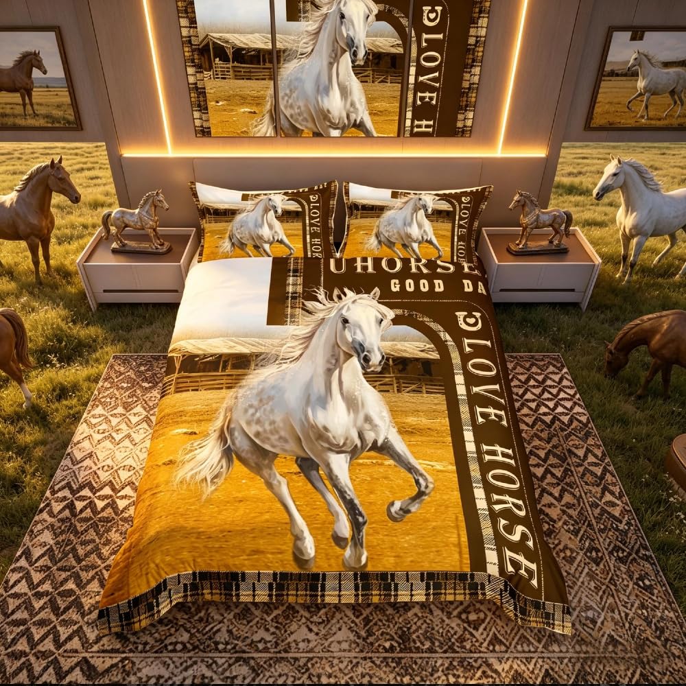 Homemissing White Horse Bedding Set for Kids Boys Girls Retro Western Farmhorse Comforter Cover Set Farm Animal Plaid Grid Duvet Cover Brown Gingham Bedspread Cover Single Size Bedding 2Pcs — image 1