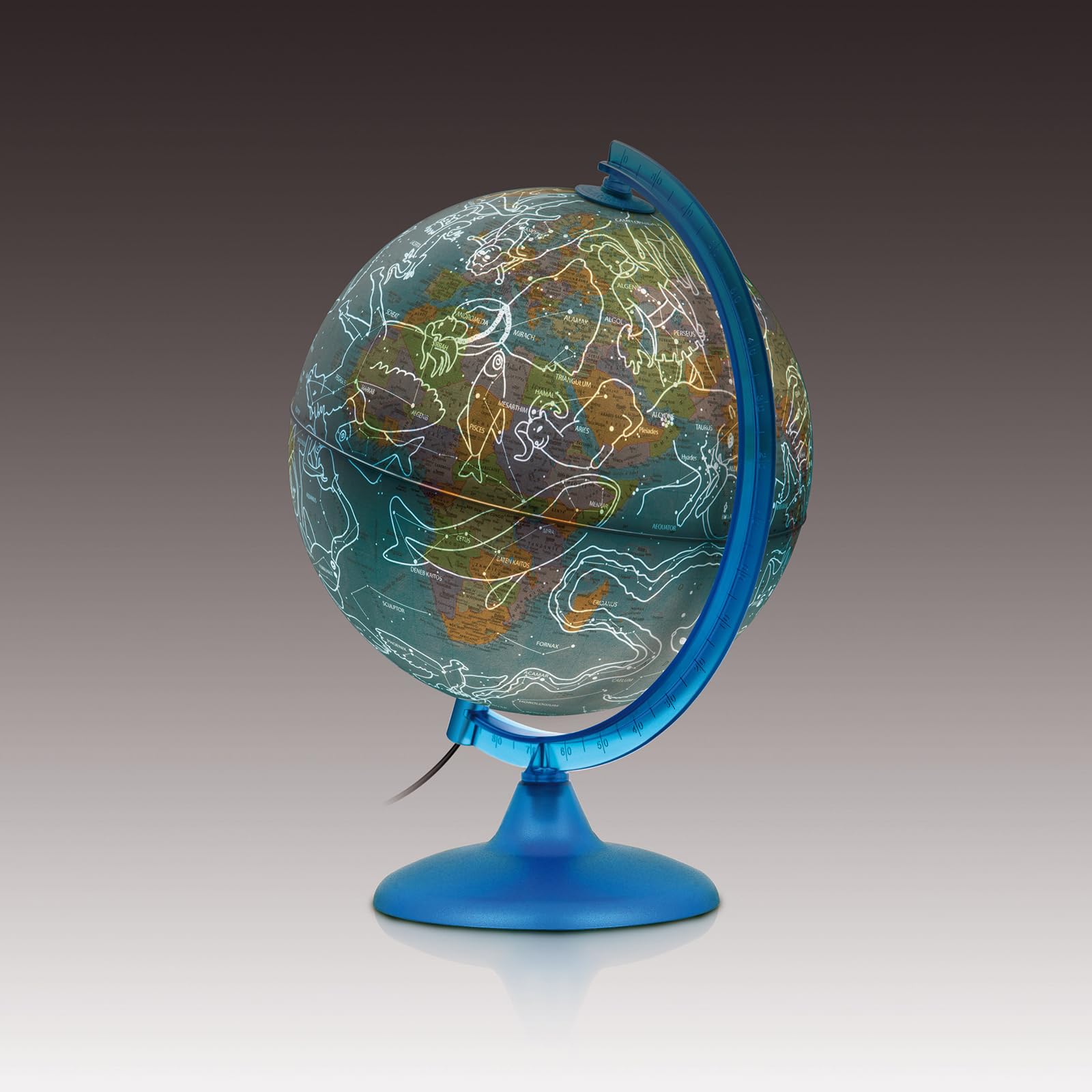 Tecnodidattica - Night&Day Globo Terráqueo para Niños y Jóvenes | Doble Función Cartografía Política y Constelaciones | Luminoso y Giratorio | Meridiano Graduado | Textos en Español | Diámetro de 25cm