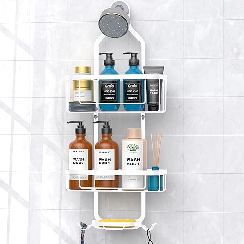Kadolina Organizador de ducha colgante para baño, cesta organizadora de ducha con ganchos para toallas, maquinilla de afeitar y esponja, color blanco