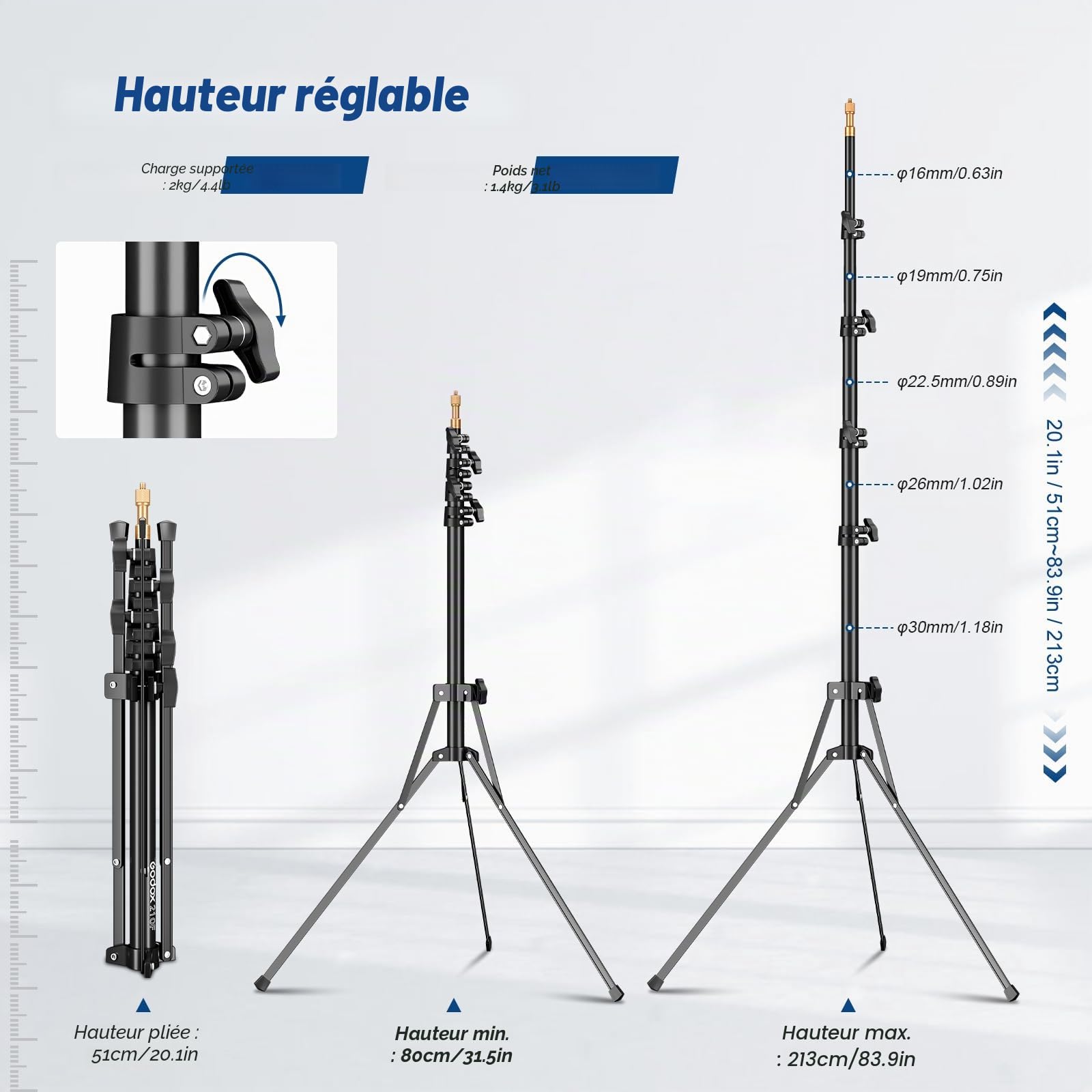 Godox Support de lumière Extensible 210 cm/83,9 Pouces avec vis Universelle 1/4" et 3/8" Réversible Portable Studio Lighting Trépied avec Sac de Transport pour boîte à lumière stroboscopique