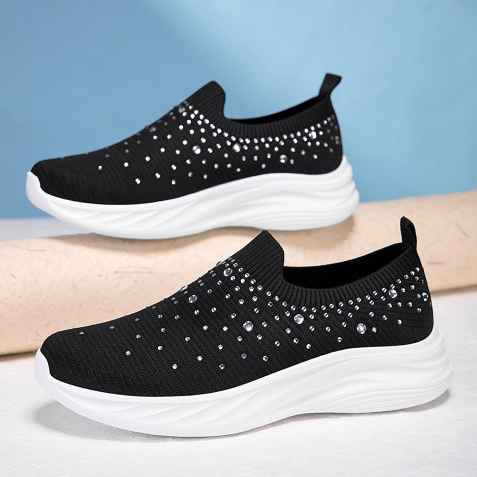 Damskie buty sportowe Y2K Sparkly Slip on Stretch, dzianinowe skarpety trampki z detalami ze strasu, na wieczorne spacery i spacery po mieście