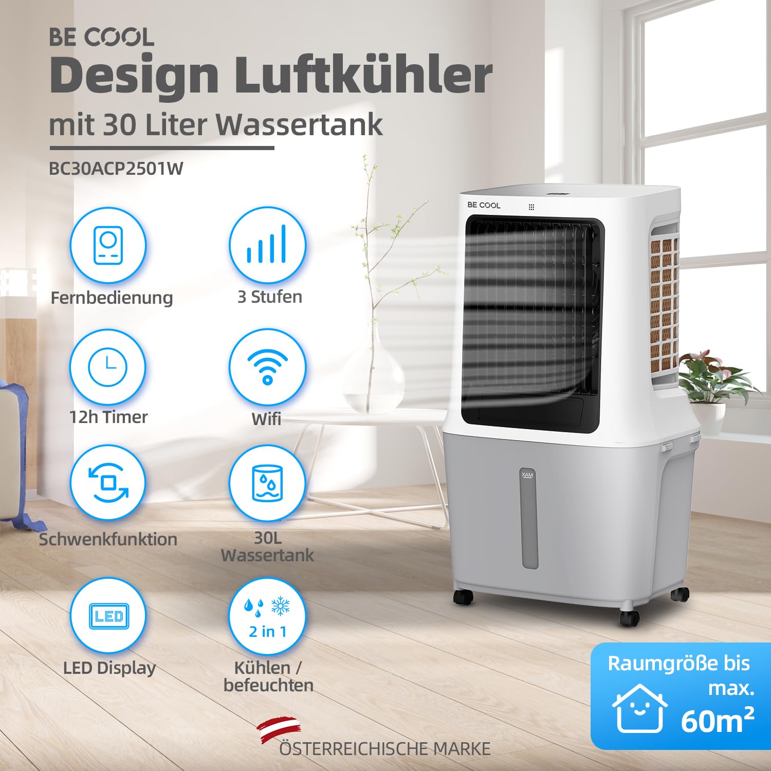 BE COOL Luftkühler | 30L Wassertank | 120W | WiFi-Steuerung | 1800 m³/h Luftzirkulation | 15m Reichweite | Trockenluftfunktion | LED-Display | Timer | Fernbedienung | BC30ACP2501W