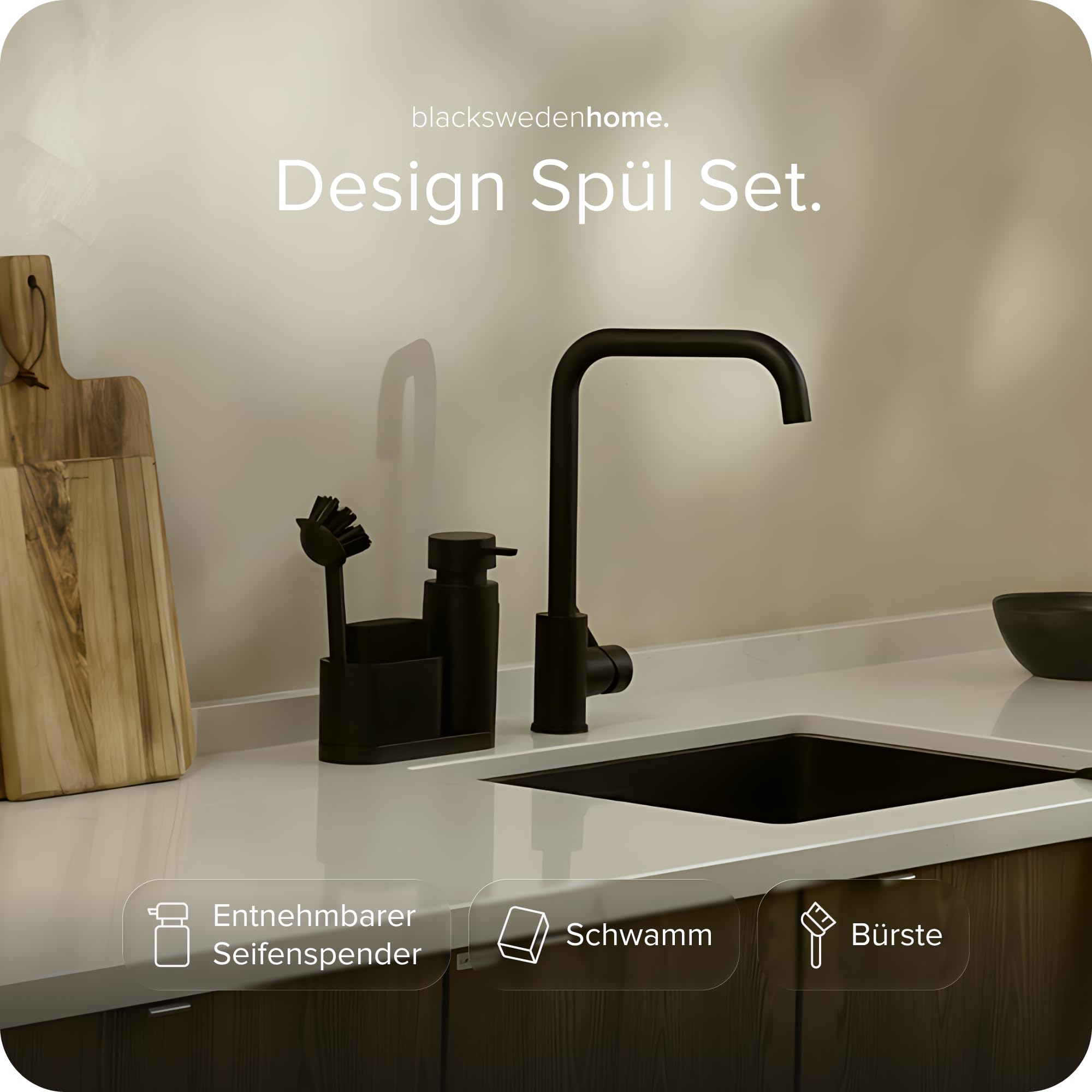 blackswedenhome. Design Spülbecken Organizer mit entnehmbaren Spülmittelspender Spülbürste und Schwamm - Küchenorganizer - Spüle Organizer aus Kunststein Sink Spül Set Seifenspender schwarz matt