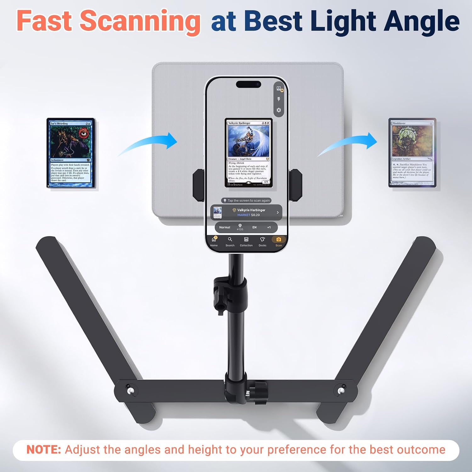 Adjustable Trading Card Scanner Stand with Iron Base & Non-Slip Phone Clamp Perfect for MTG & TCG Collection Organization, Fit for UnSleeved and Sleeved Cards, Compatible with ManaBox App