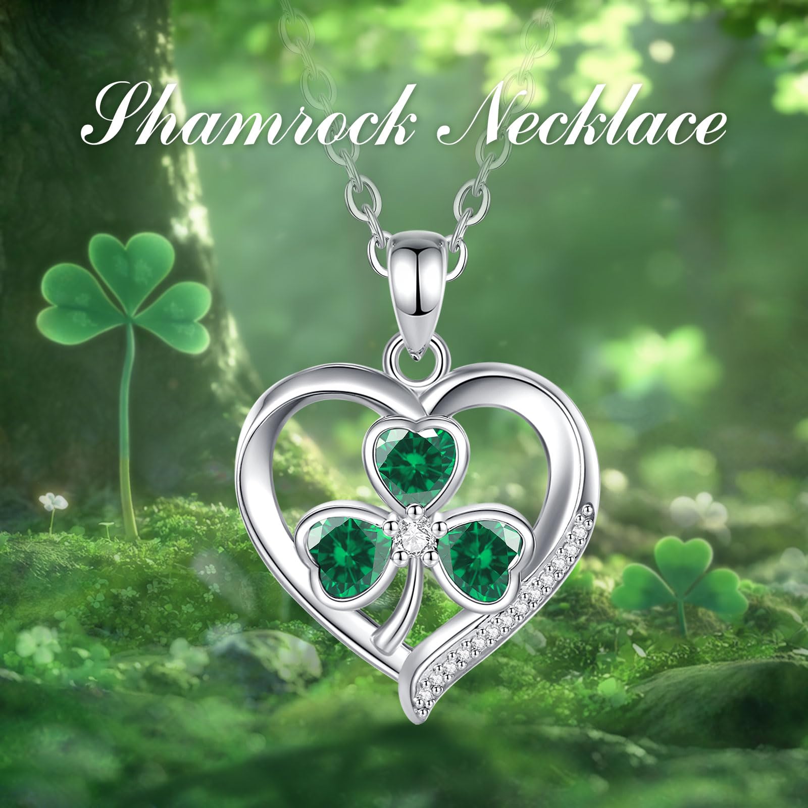 INFUSEU Collana con trifoglio irlandese gioielli da donna trifoglio verde cuore pietra zirconia ciondolo piccolo regalo buona fortuna catena in argento Sterling 45,7 cm
