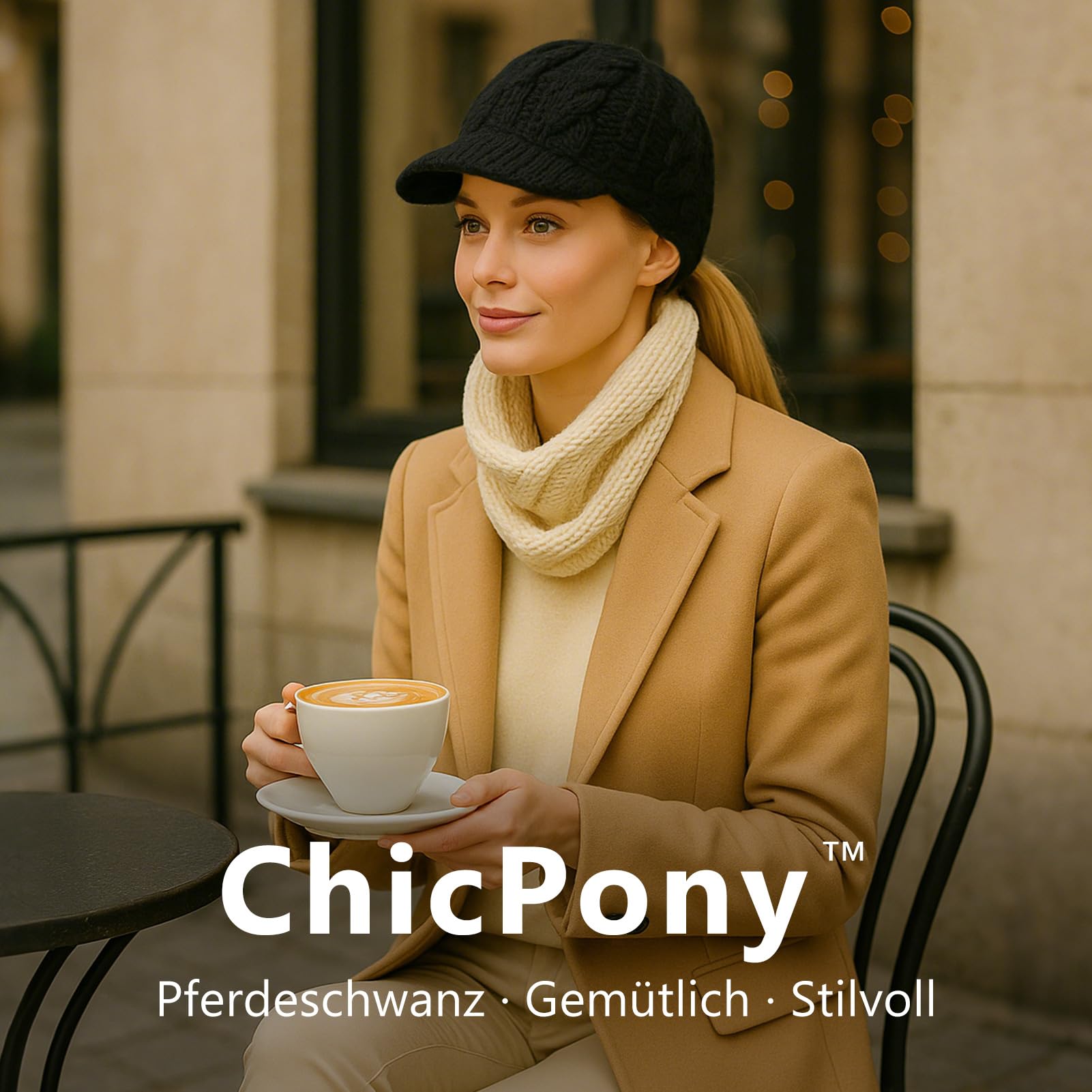 TOP-EX ChicPony Bonnet d'hiver en laine mérinos avec visière, 3 ouvertures tressées, doublure polaire, chaud et coupe-vent pour femme