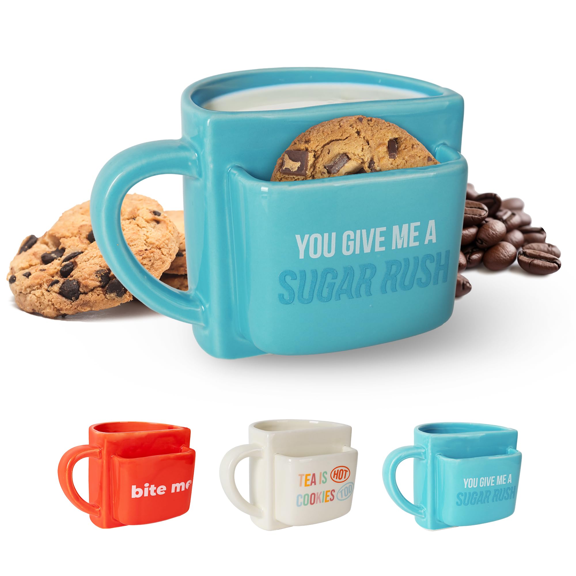 Fisura Original Mug Gift A Sugar Rush Blue Tea Cup with Biscuit Pocket Funny Breakfast Mug Modern Breakfast Cup 360 ml Capacity