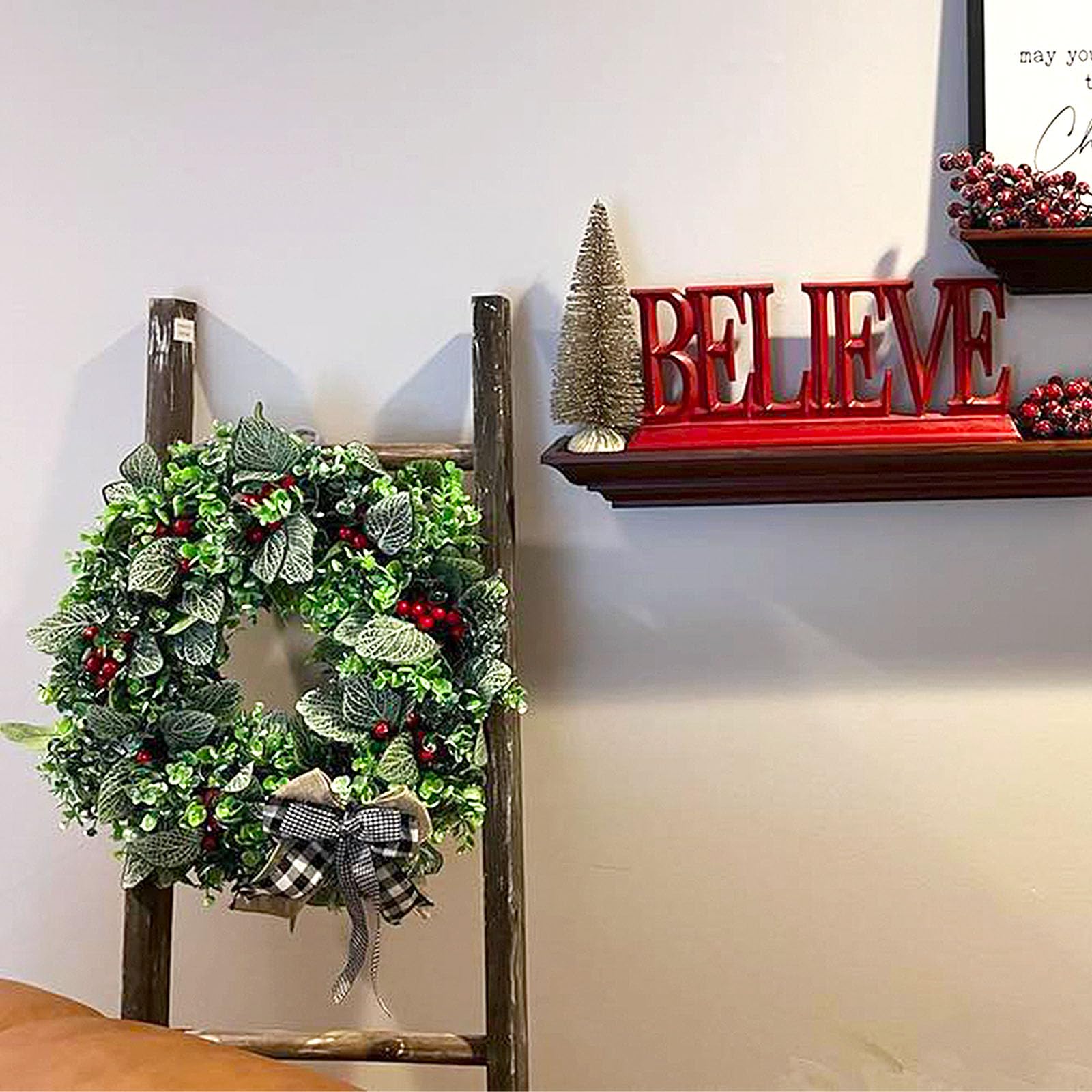 SUNFICON Decoration Wreath Christmas Wreath 19 Inch Xmax Artificial Large Eucalyptus Leaf Boxwood Wreath Farmhouse Front Door Wedding Wreath Wall Window Indoor Outdoor 4 Tiebows 81 Red Berries