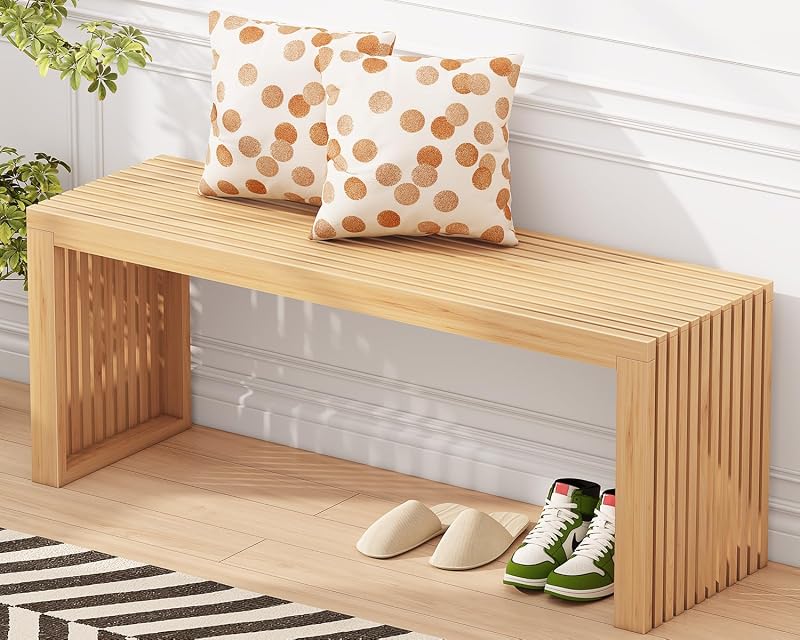 Bamboo Dining Bench, 35'' Slatted Design Entryway Bench, Natural | Modern Solid Bamboo Seating Bench for Indoor & Outdoor Use, Ideal for Kitchen, Hallway, Bedroom