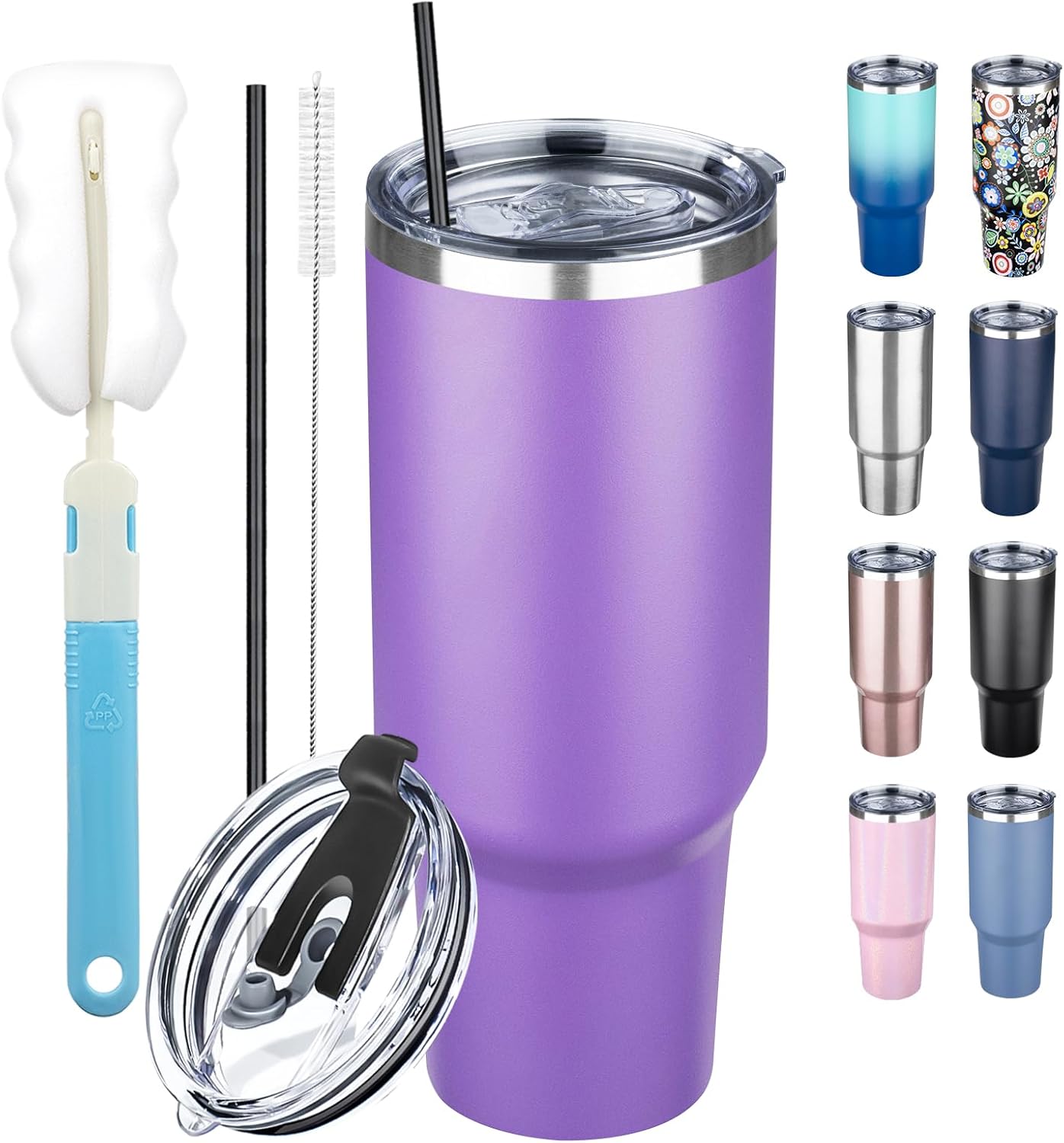 GUDEMAO 40 oz Tumbler with Lids and Straws, Stainless Steel Insulated Coffee Tumbler, Double Wall Vacuum Insulated Travel Mug Cup, Leakproof Thermal Coffee Cup for Hot and Cold Drinks (Purple)