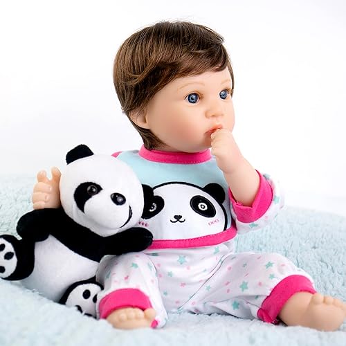 Vista 6 de Aori Lifelike Reborn Baby Dolls Blue Bassinet 18 inch Realistic Newborn Girl Doll in Soft Vinly and Weighted Body with 9-Piece Panda Gift Set