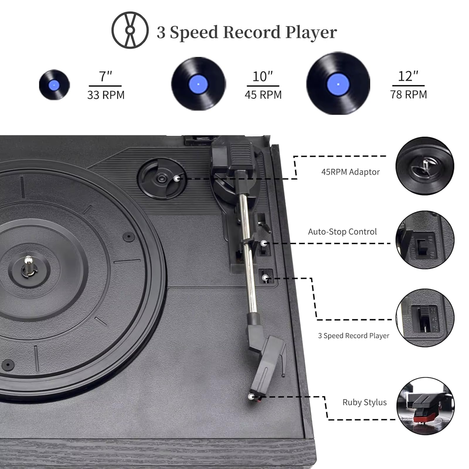 Giradischi in Vinile a 3 velocità Regolabili con Bluetooth, CD, Cassette, Radio FM/AM, Riproduzione USB/SD, Ingresso AUX, Uscita Cuffie e Audio, fonografo Vintage,Brown