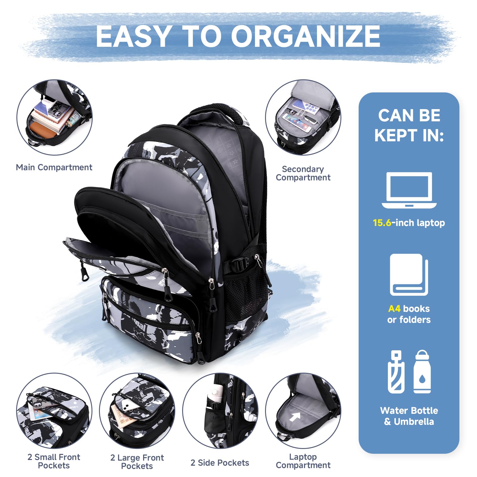 Amythe Mochila Escolar para Niño Adolescentes de 10 a 18 años - Informal, Elegante y Ligera - Mochila Colegio para Portátil de 15,6" para Secundaria, Instituto y Viajes -Negro