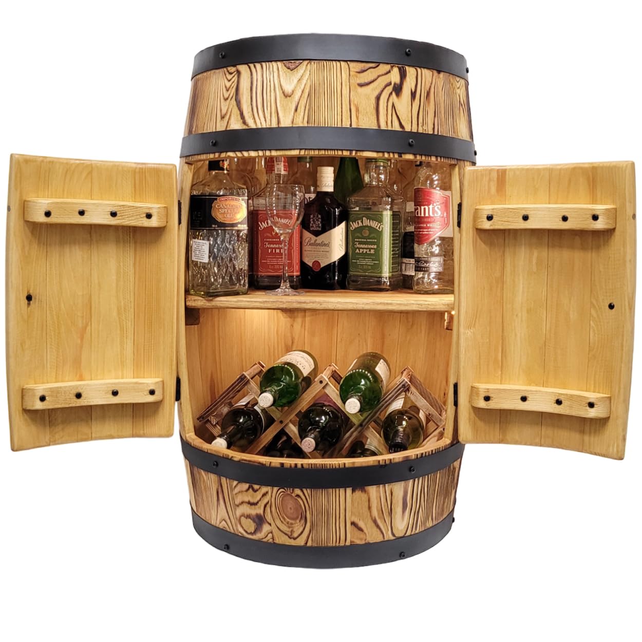 weeco Tonneau Bar en Bois avec Porte, Casier à Vin, LED – Meuble Bar Rustique en Fût avec Étagères – Armoire à Alcool, Bar à Bouteille – 82x52cm, Chêne Brûlé