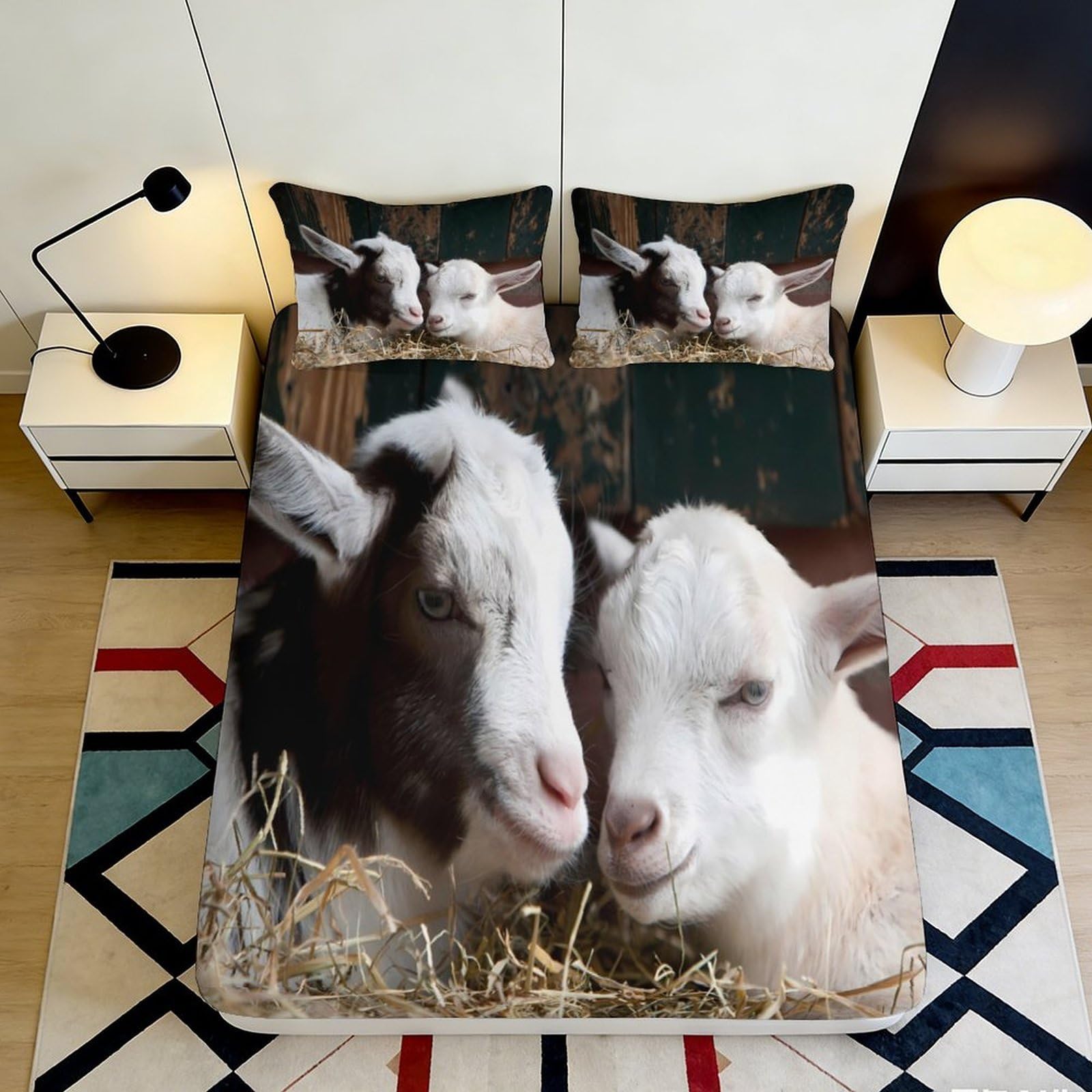 3D Printed Cute Goat Fitted Sheet Microfiber Soft Animal Farm Mattress Cover for Bedroom Guest Room Decor 90x200x25cm