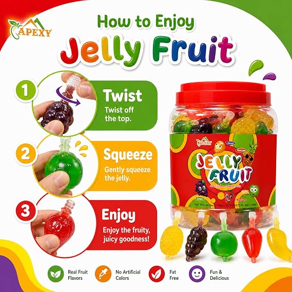 Apexy Jelly Fruit Candy Assorted Fruit Flavors, Halloween Treat Juicy Chewy Gel Snacks, Kids & Adults Party Favors, Fun Treats for Goodie Bags & Events 46.9oz (1330g)