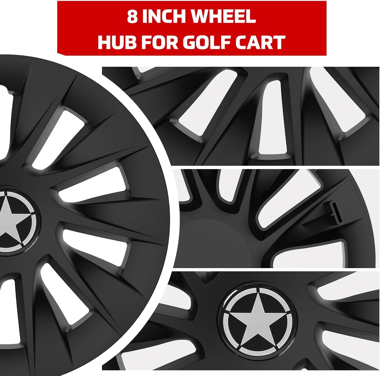 4PCS Golf Cart Wheel Covers Hub Caps for EZGO, Club Car, Yamaha, 8 Inch Hubcaps, Matte Black