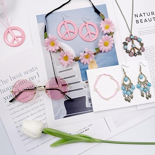 Miniatura 7 de Accesorios de disfraz hippie para mujer, aretes de signo de paz, collar, diadema de flores, lentes de sol de los años 60 y 70