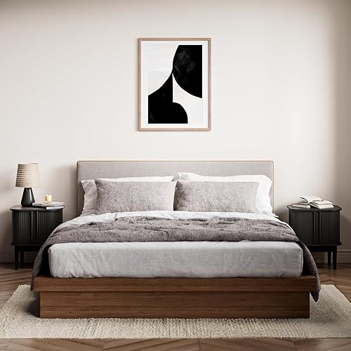 Miniatura 3 de Juego de 2 mesitas de noche estriadas con puertas correderas, moderna mesita de noche con patas de madera maciza, mesita de noche de madera para