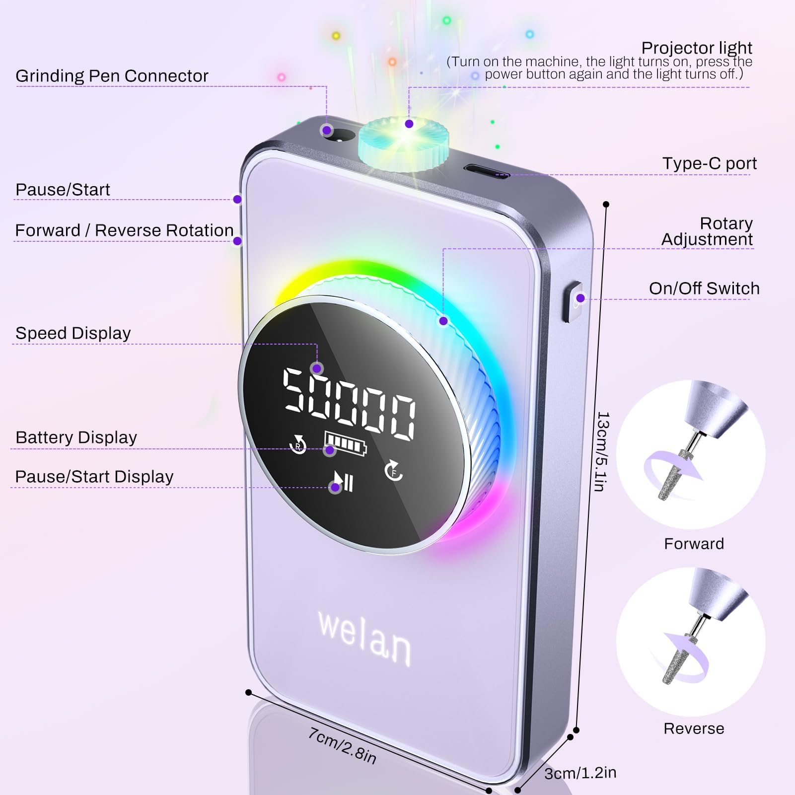 Taladro eléctrico para uñas profesional de 50000RPM, taladro eléctrico de eliminación rápida, taladro de uñas portátil recargable de 6000mAh para uñas acrílicas y de gel, pulido para manicura