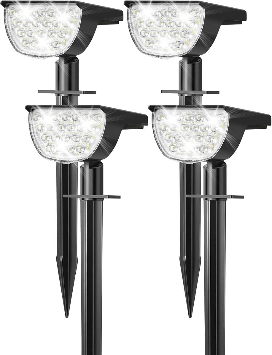 GKGG Solar Lights Outdoor Waterproof IP65, Solar Powered 76 LED 3 Lighting Modes Solar Spot Lights Outdoor for Yard Garden Landscape Pathway (Cool White, 4 Pack)