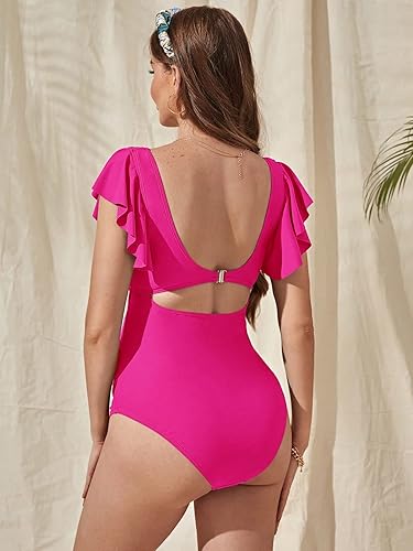 Miniatura 2 de MakeMeChic Traje de baño de maternidad para mujer con ribete de volantes y corte frontal de una pieza