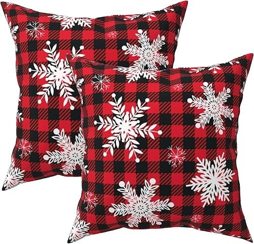 Miniatura 1 de Juego de 2 fundas de almohada navideñas de copo de nieve de 20 x 20 pulgadas, diseño de búfalo rojo y negro, para exteriores, fundas de cojín