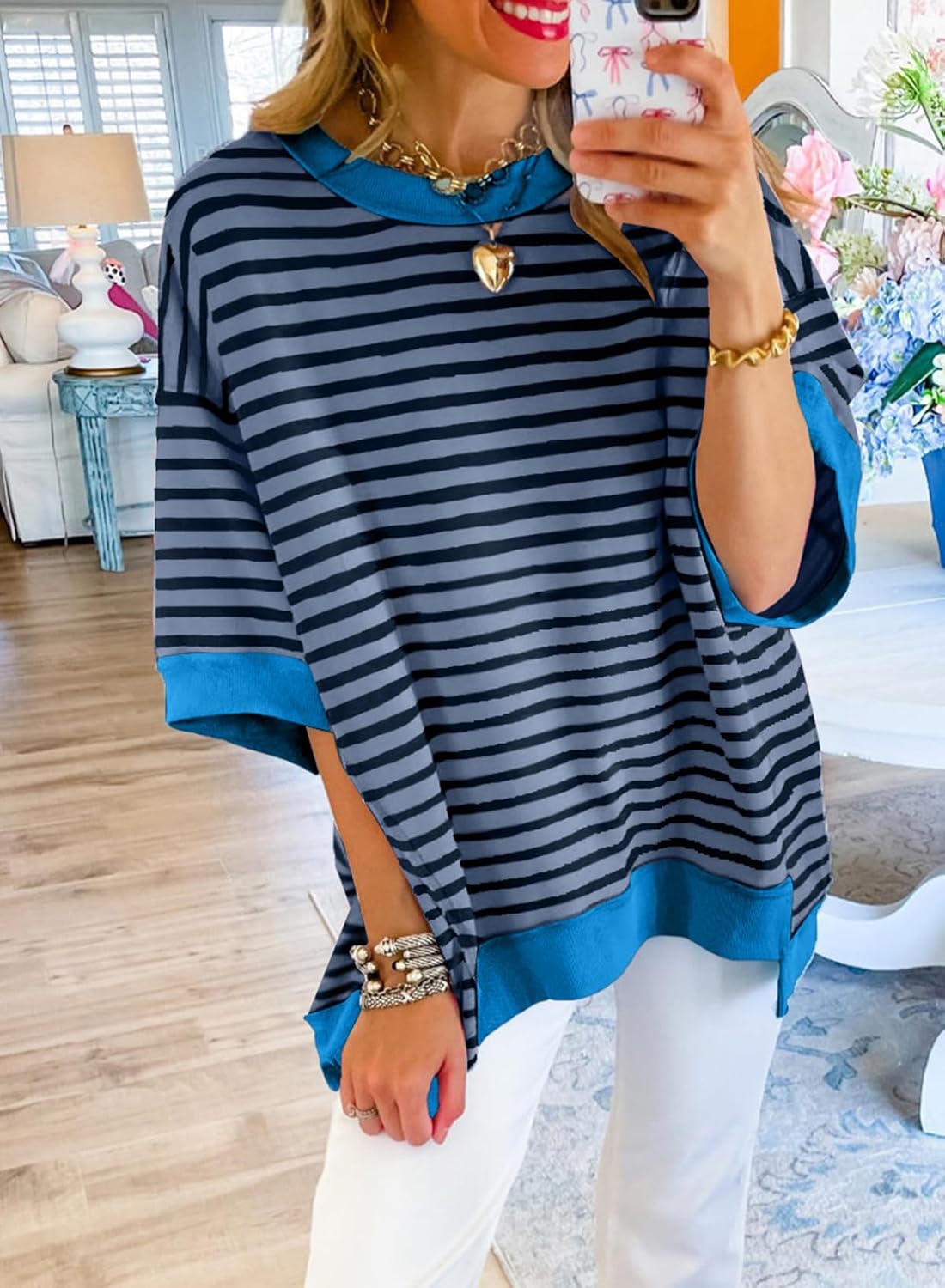 SHEWIN Womens Tops Casual Short Sleeve Sweatshirt Crewneck Striped Shirt Pullover T Shirts Loose Blouses - Image 2