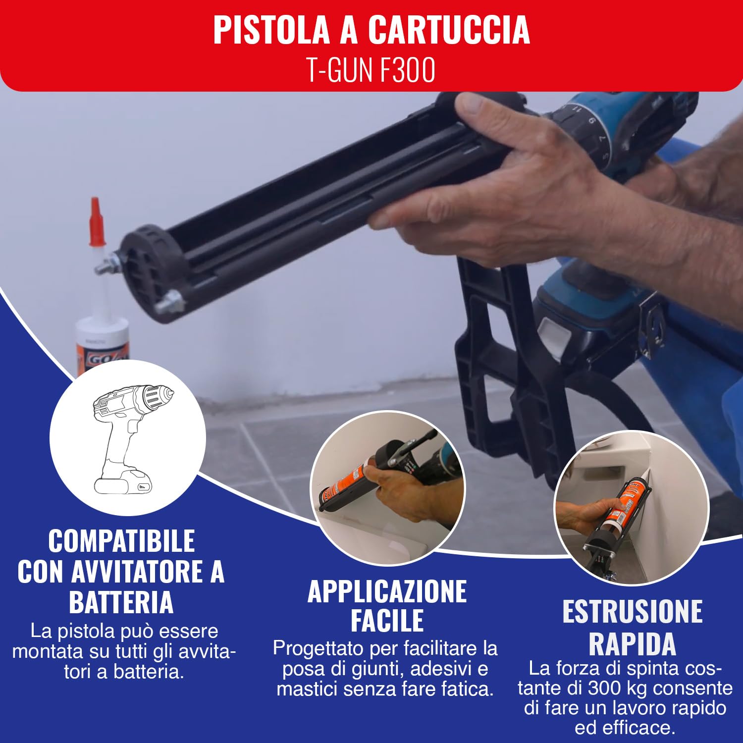 TIVOLY - Pistola a cartucce T-Gun F300 - Adattabile su trapano e avvitatore - Per cartucce Ø 50 mm/310 ml