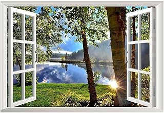 Lichi Realistic 3D Lakeside Wall Sticker, Peel & Stick Window Art Decal, Lake Forest View Nature Landscape, Self Adhesive Decoration, Mural for Bedroom Bathroom Living Room, Removable Wallpaper Decor