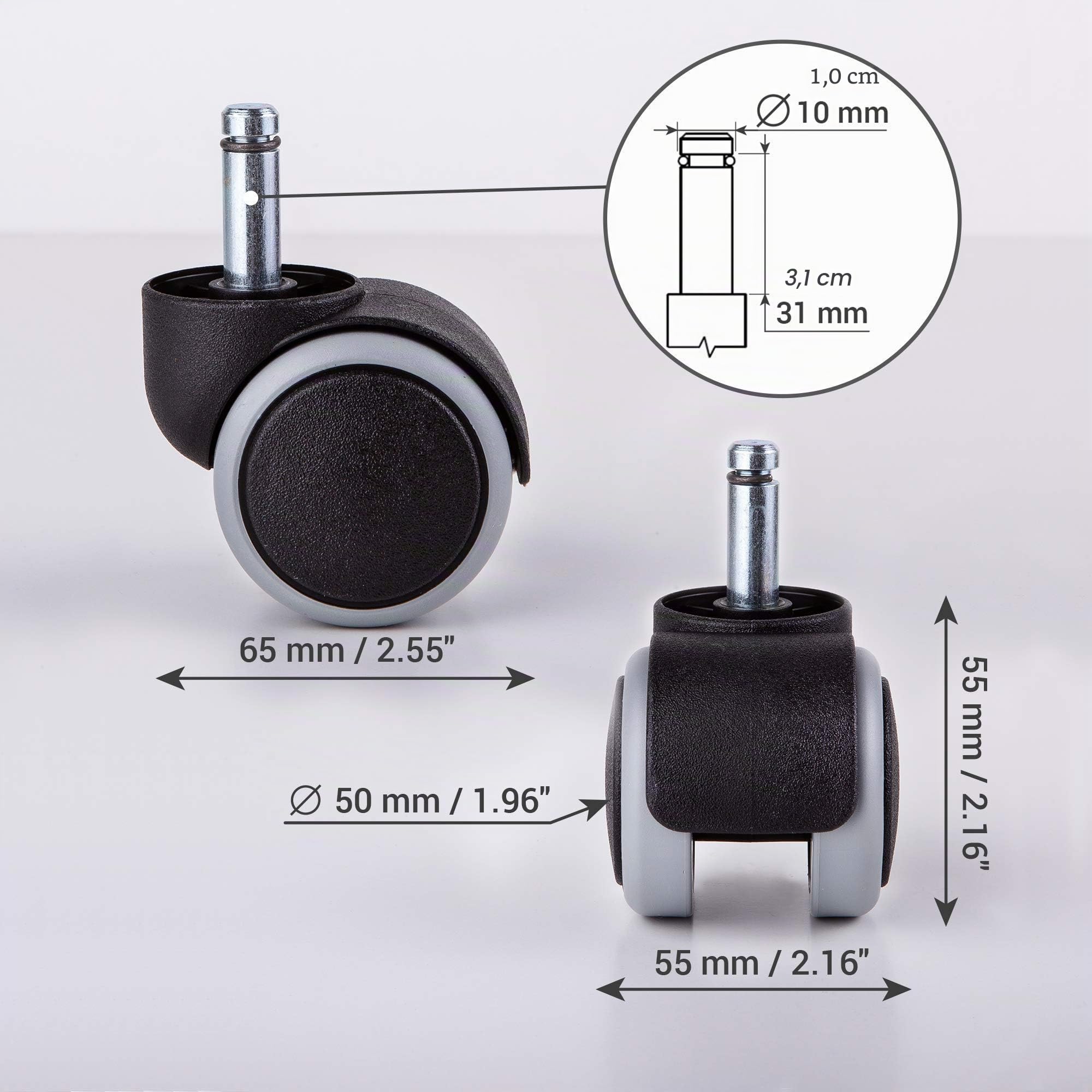 Confezione da 5 ruote in gomma per 1 sedia, 50 mm, ruote girevoli di ricambio per ufficio (5, Ø 10 mm)
