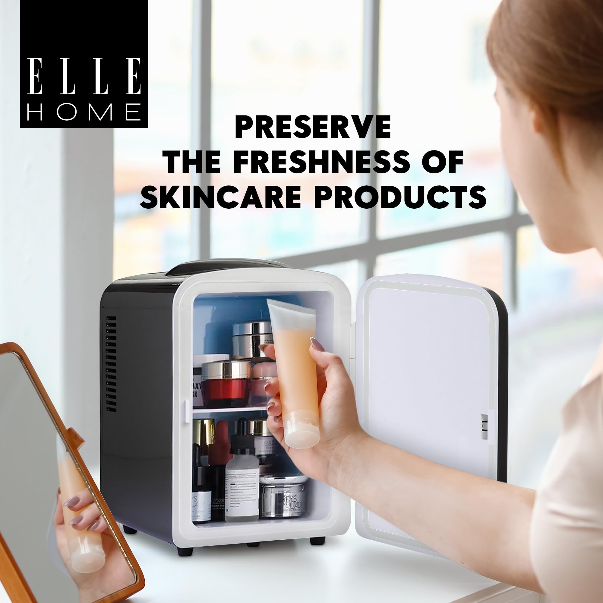 ELLE Mini Frigo 4L Multiuso – Frigorifero Portatile Caldo & Freddo per Skincare, Cura, Cosmetici, Bevande e Snack, Capacità 6 lattine, Mensola Rimovibile, Maniglia di Trasporto, Nero