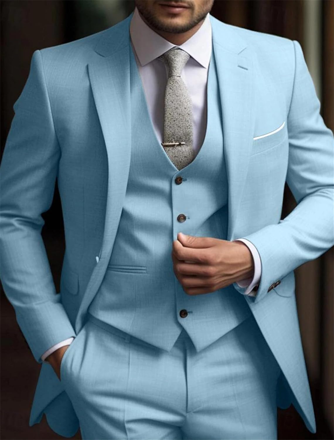 Men's Suits 3 Piece Slim Fit Suit Set,one Button Business Tuxedo Wedding Solid Blazer Jacket Vest Pants - Image 4