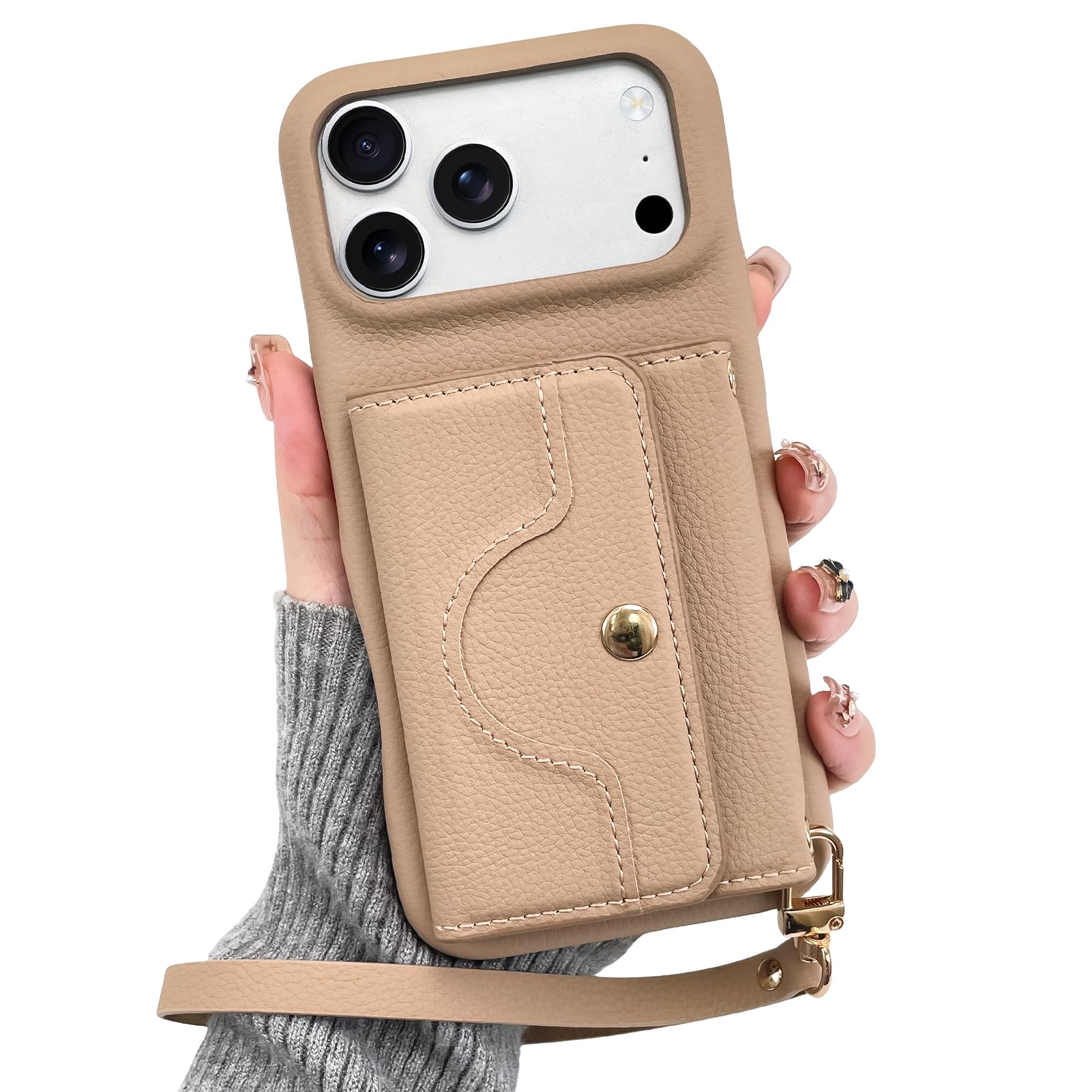 OOK Custodia a portafoglio per iPhone 17 Pro Max con porta carte di credito | Design multifunzionale con slot per schede, cinturino da polso, specchio nascosto, custodia protettiva sottile in pelle TPU