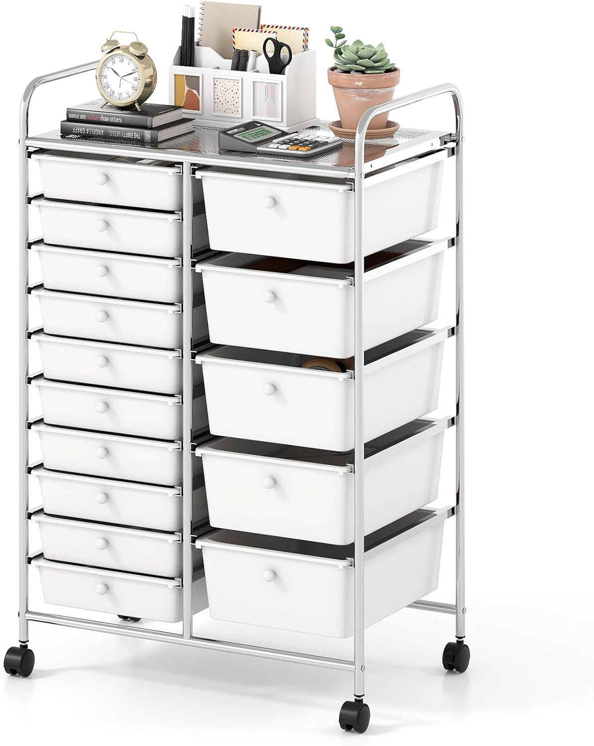 GOFLAME 15-Drawer Rolling Storage Cart, Multifunctional Art Craft Organizer Cart with Removable Drawers, Lockable Wheels and Metal Frame, Classroom Storage Cart for Home Office School, White