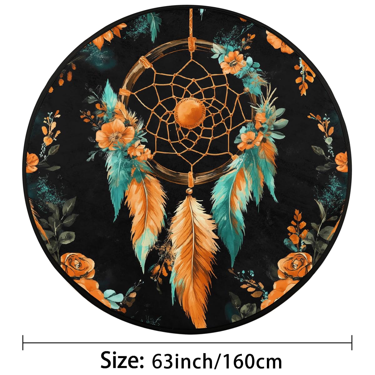 Orangefarbener Traumfänger-Teppich, Boho-Blumenmuster, rund, waschbar, Gaming-Teppich für Schlafzimmer, Wohnzimmer, Arbeitszimmer, Bodenmatte, 160 cm