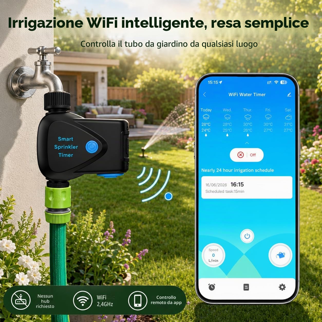 Timer Irrigazione WiFi con Misuratore d'Acqua Integrato, Programmatore Irrigazione Smart senza Hub, Controllo App 2,4 GHz, Irrigazione a Volume, Programmazione, IP65 per Giardino Prato Serra