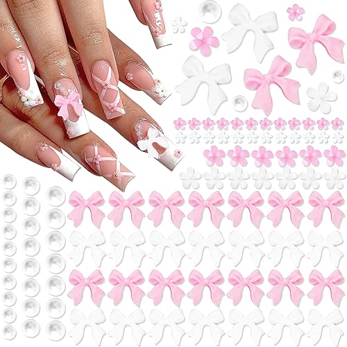 RODAKY 1000 dijes de lazo rosa para uñas, dijes de lazo blanco para resina de uñas, cuentas de perlas de uñas con parte trasera plana, dijes de