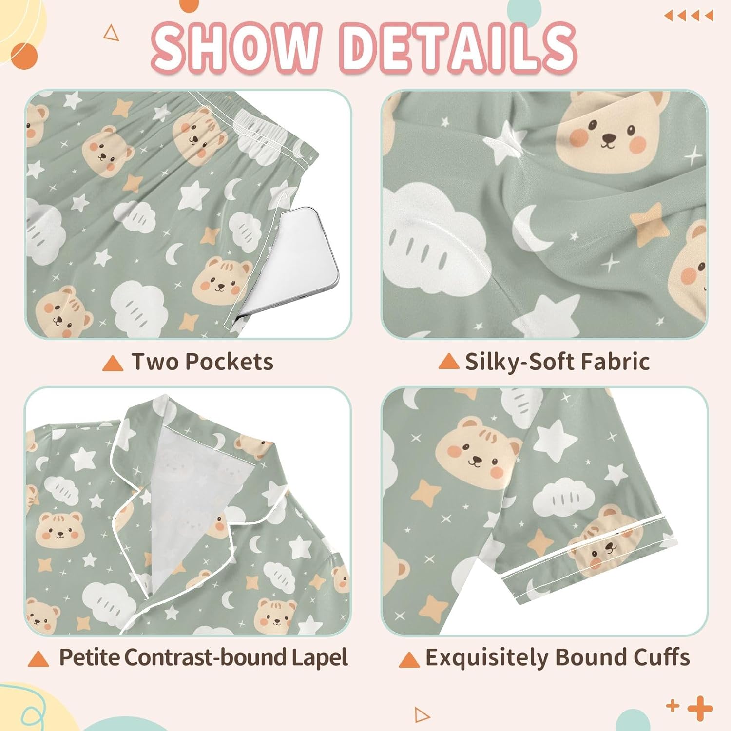 Kids Satin Wear Set Cute Bear Clouds Stars Pattern Relaxing Clothing Short Sleeve and Shorts