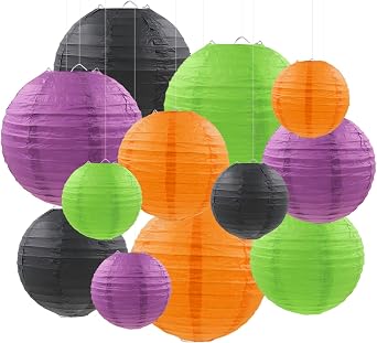 Halloween Paper Lanterns Black Purple Orange Green Halloween Party Decorations for Birthday Baby Shower Bachelorette Wedding Bathroom Hanging Supplies 12 PCS