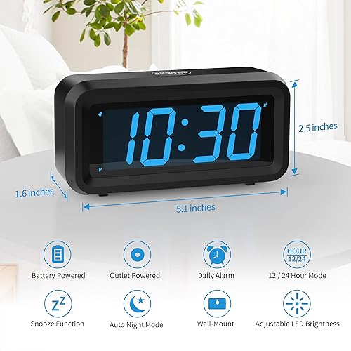 Miniatura 9 de KWANWA Reloj digital pequeño, alimentado con cablefunciona con pilas, reloj despertador, 12H24H, montaje en mesapared, botón de ajuste actualizado,