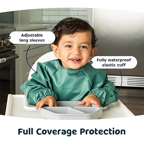 Miniatura 3 de Tiny Twinkle Babero a prueba de desorden, paquete de 2 baberos de manga completa, baberos impermeables para niños pequeños, lavables a máquina,