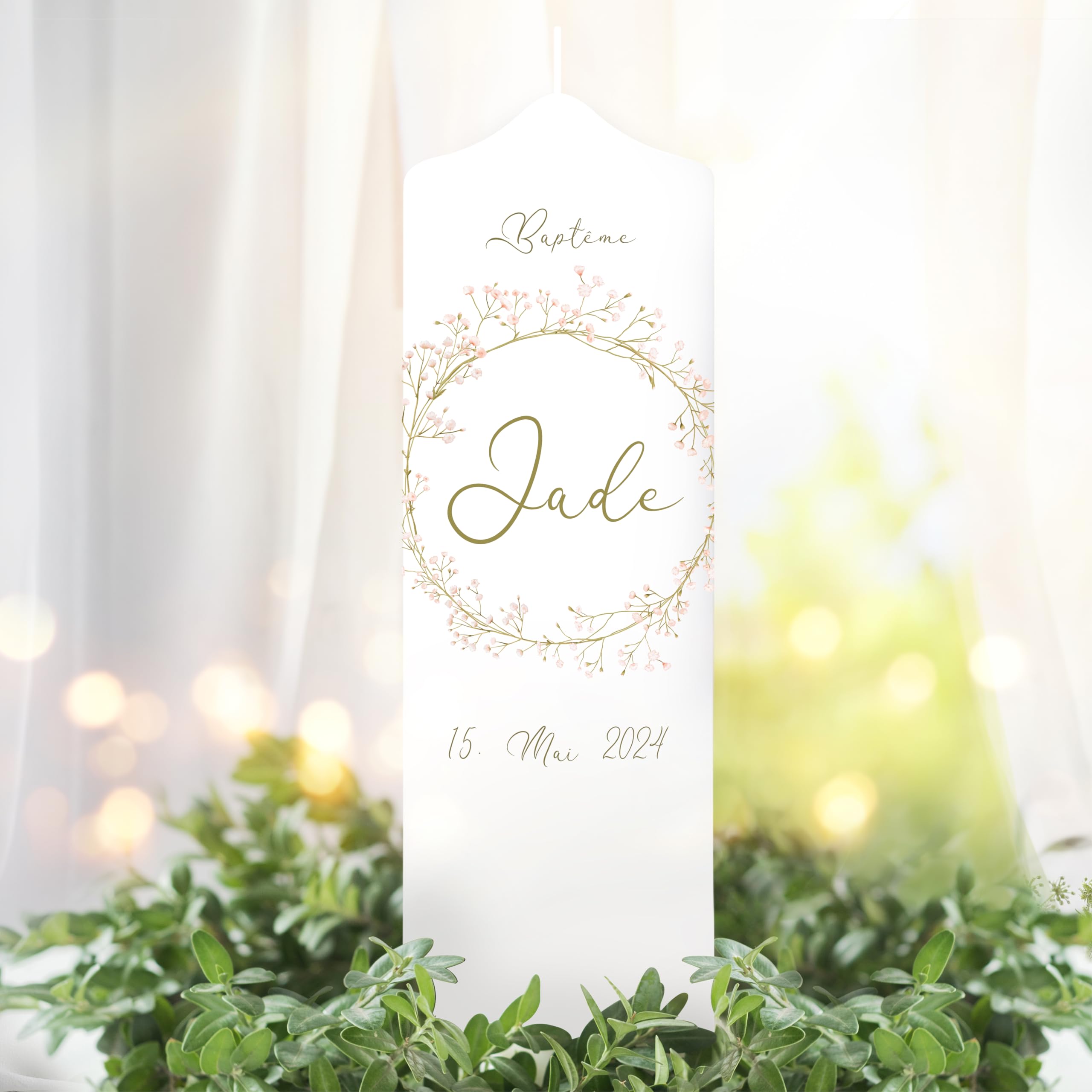 Bougie Baptême personnalisée Fille Garçon motif Couronne de gypsophile – Cierge Baptême avec prénom, date et message – Bougie imprimée – cierge personnalisé – 25 x 7 cm
