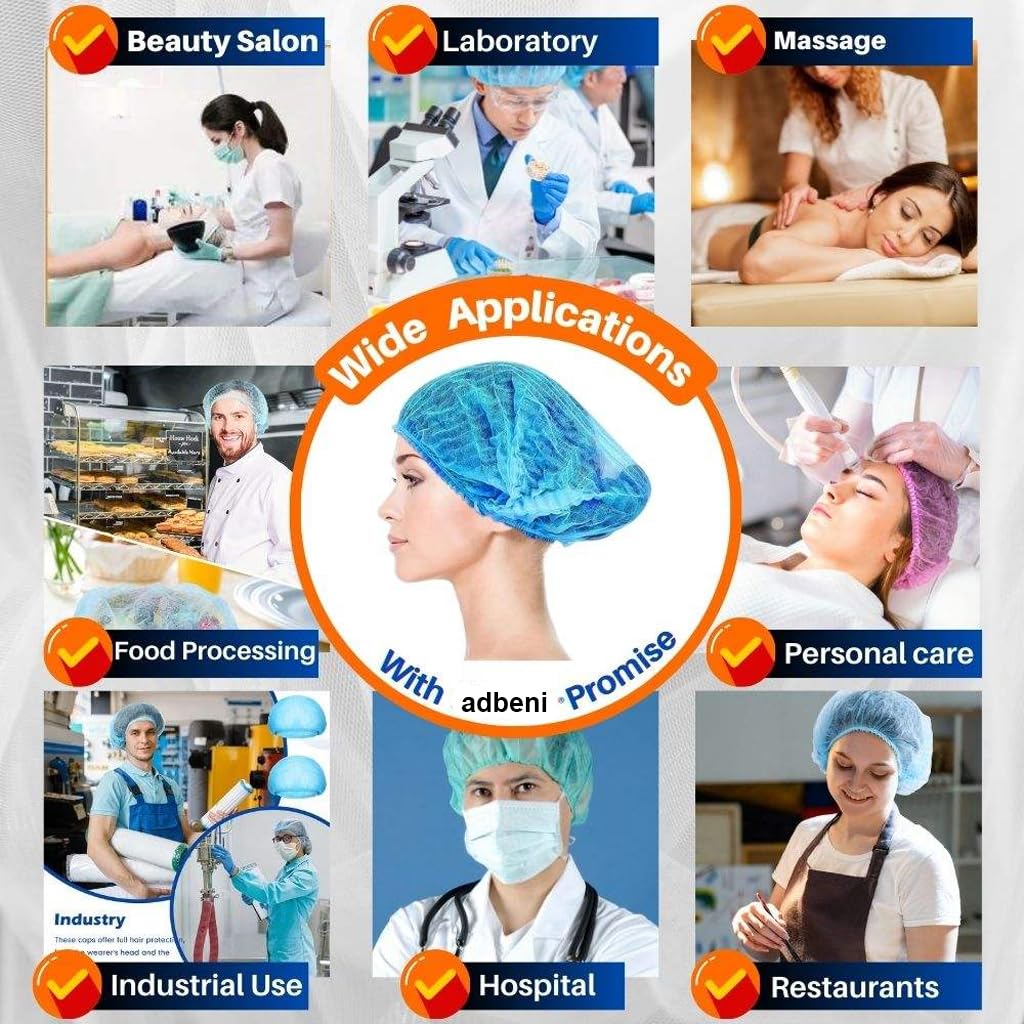 adbeni Bouffant Caps for Women & Men | Premium | Disposable | Thick Non-Woven Hair Cover with Double Elastic | Soft, Breathable & Hygienic Caps for Medical, Kitchen, Salon, Food Handling 1