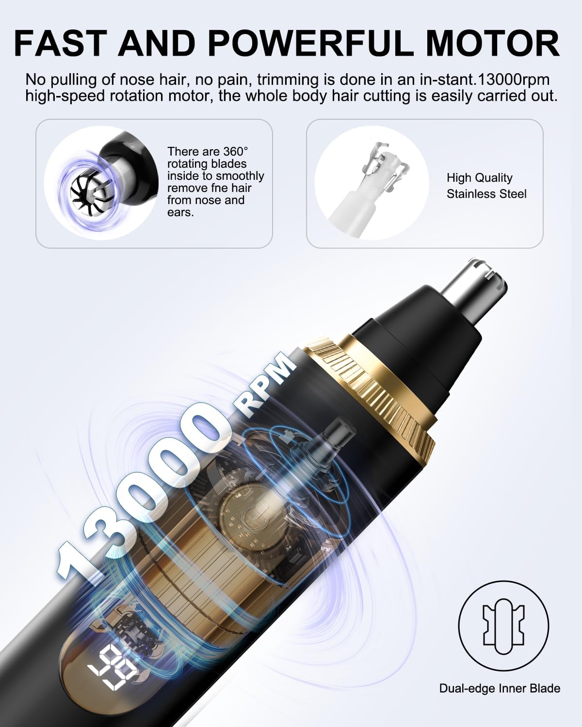 nose hair trimmer for men and women,2026 professional painless ipx7 waterproof eyebrow & facial hair trimmer,usb rechargeable with led display dual-edge blades for smoother cutting,blackgold