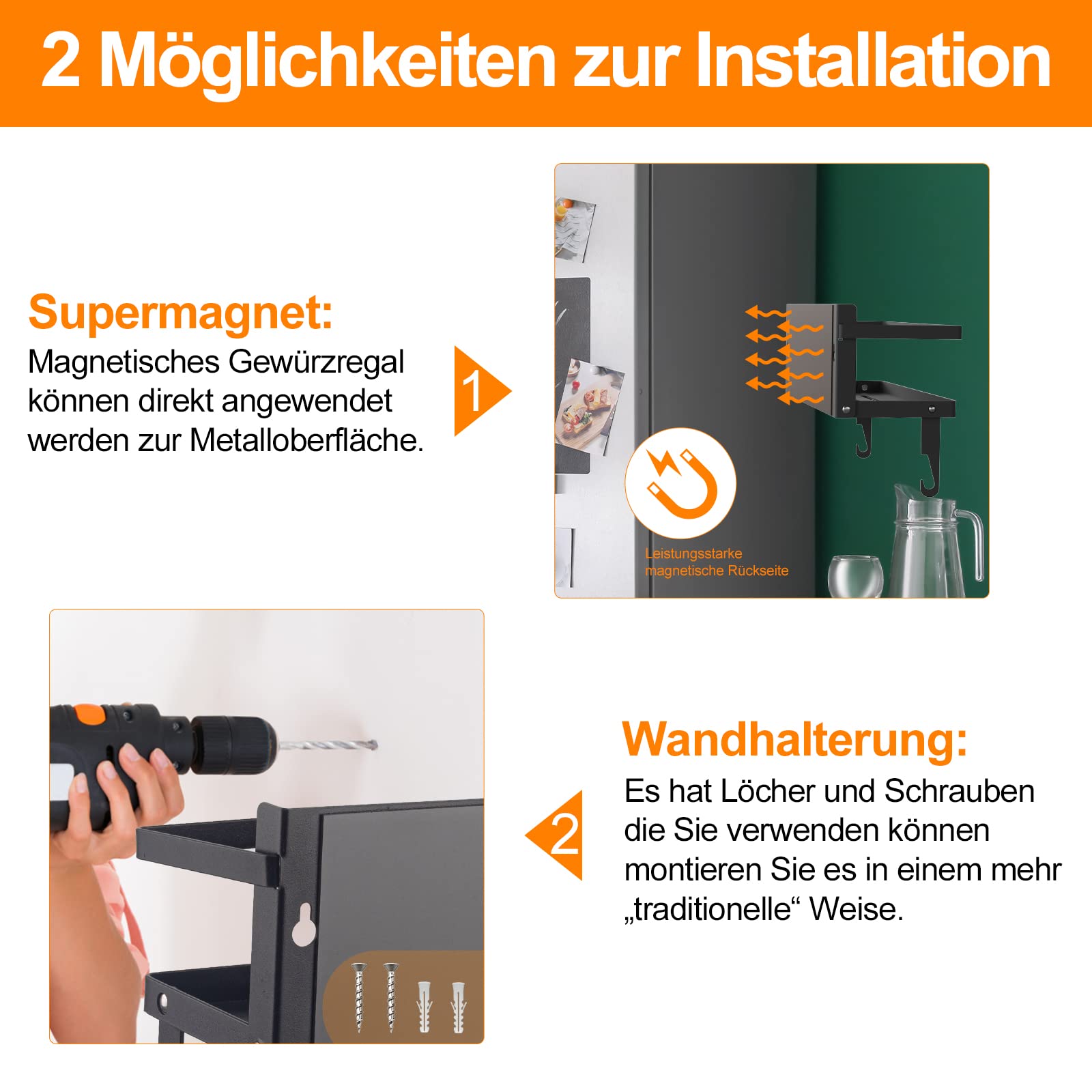Gewürzregal Magnetische Regal, Faltbare Kühlschrank Magnetische Gewürzhalter, Wandmontierter Gewürzorganisator Hängende Gewürzständer mit Papierhandtuchhalter Roll&Haken (Packung mit 2)