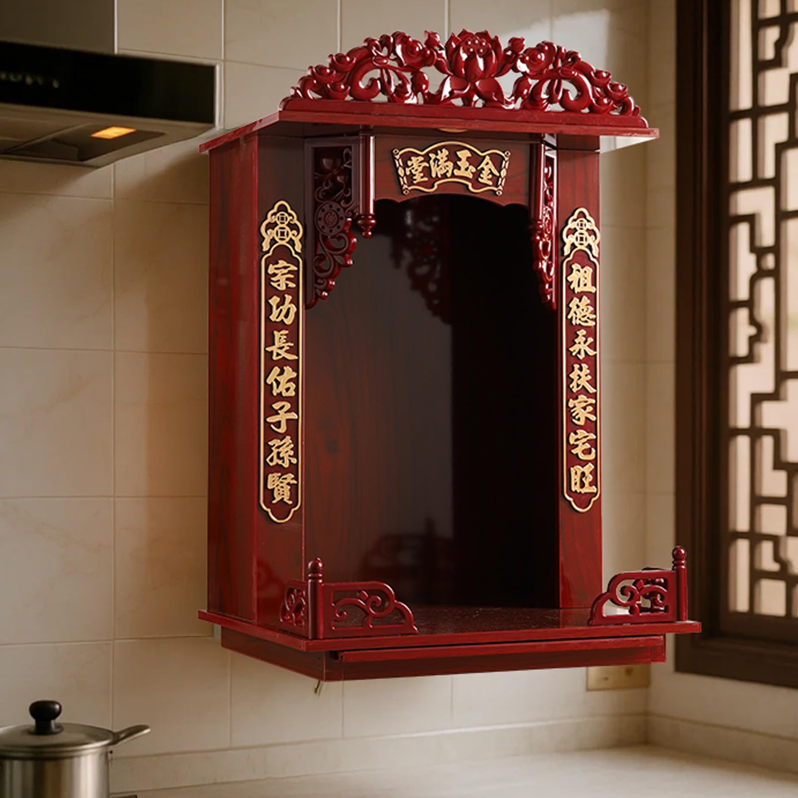 JNTFNE Buddha shelf,Household Wood Wall Cabinet，Statue Stand Niche with Drawer，Wall-Mounted Shrine Altar Table ，for God Shelf for Wealth God, Guanyin Pooja and incense burner(B,50CM/19.6IN)